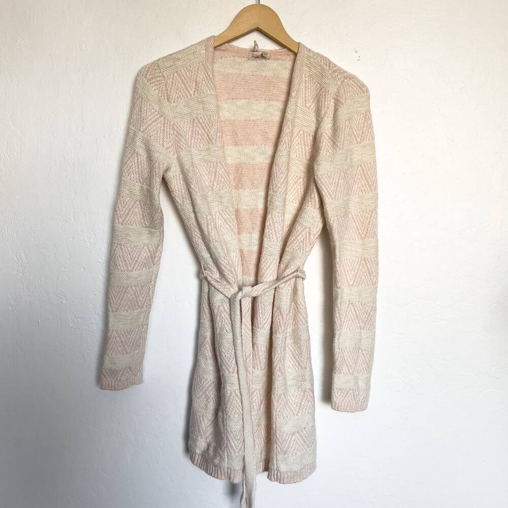 Faherty Cream and Light Pink Belted Open-Front Cardigan